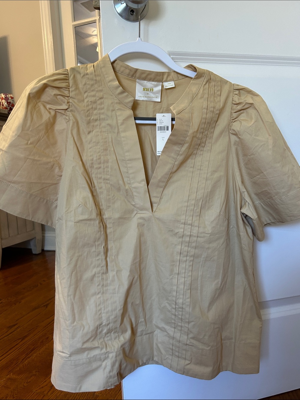 Anthropologie Maeve Tan Pleated V-Neck Short Sleeve Blouse